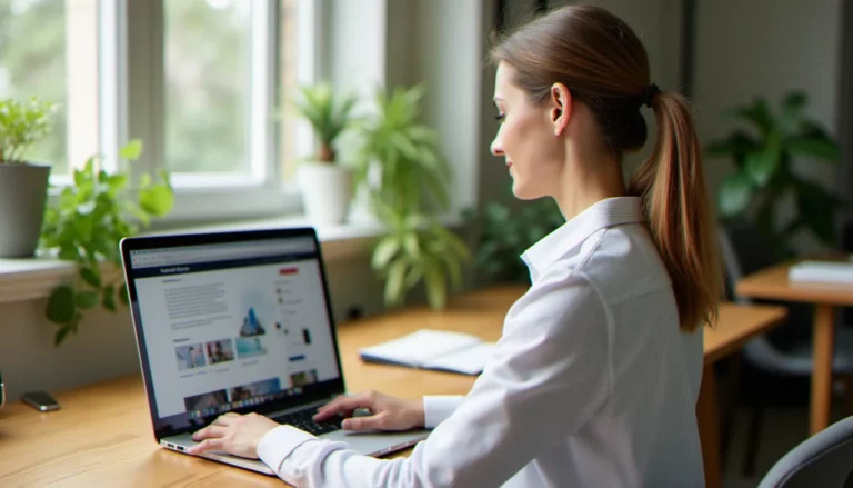 Une dirigeante de TPE crée son site web sans codage sur son ordinateur portable, illustrant la création site web sans codage accessible à tous