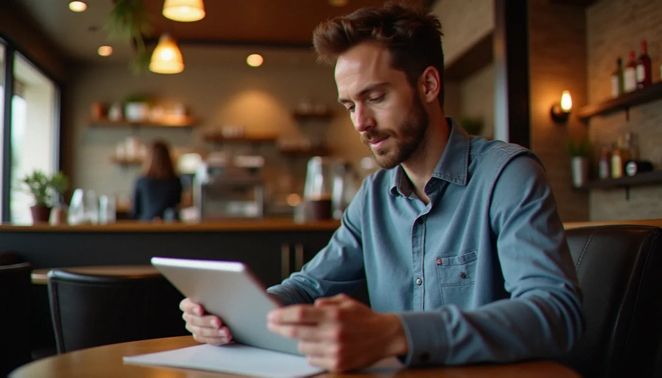 Entrepreneur consultant son site web sur tablette dans un café français