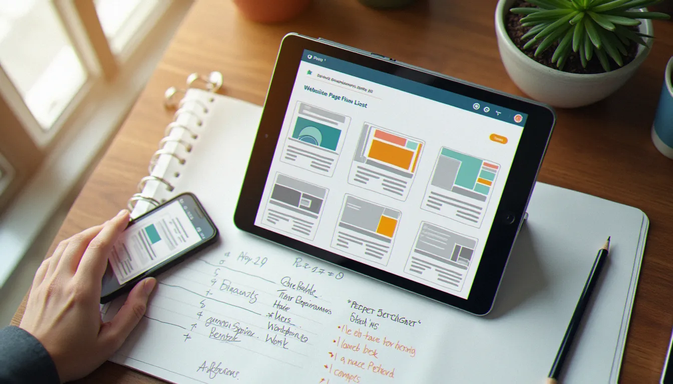 Plan de travail d'un artisan avec une tablette montrant des modèles de site web et une feuille de notes sur la structure de pages