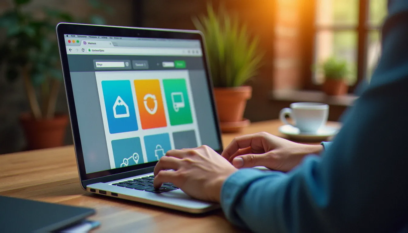 Dirigeant de TPE en train de réaliser la création de site web avec Canva sur son ordinateur portable, vue de dessus sur le clavier et l'écran