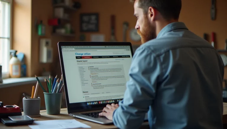 Dirigeant de TPE travaillant sur la création de site web formation devant son ordinateur dans son atelier