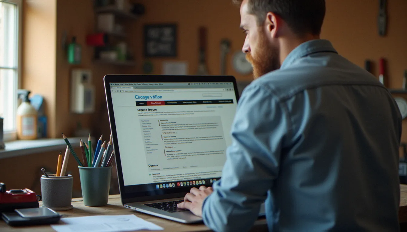 Dirigeant de TPE travaillant sur la création de site web formation devant son ordinateur dans son atelier