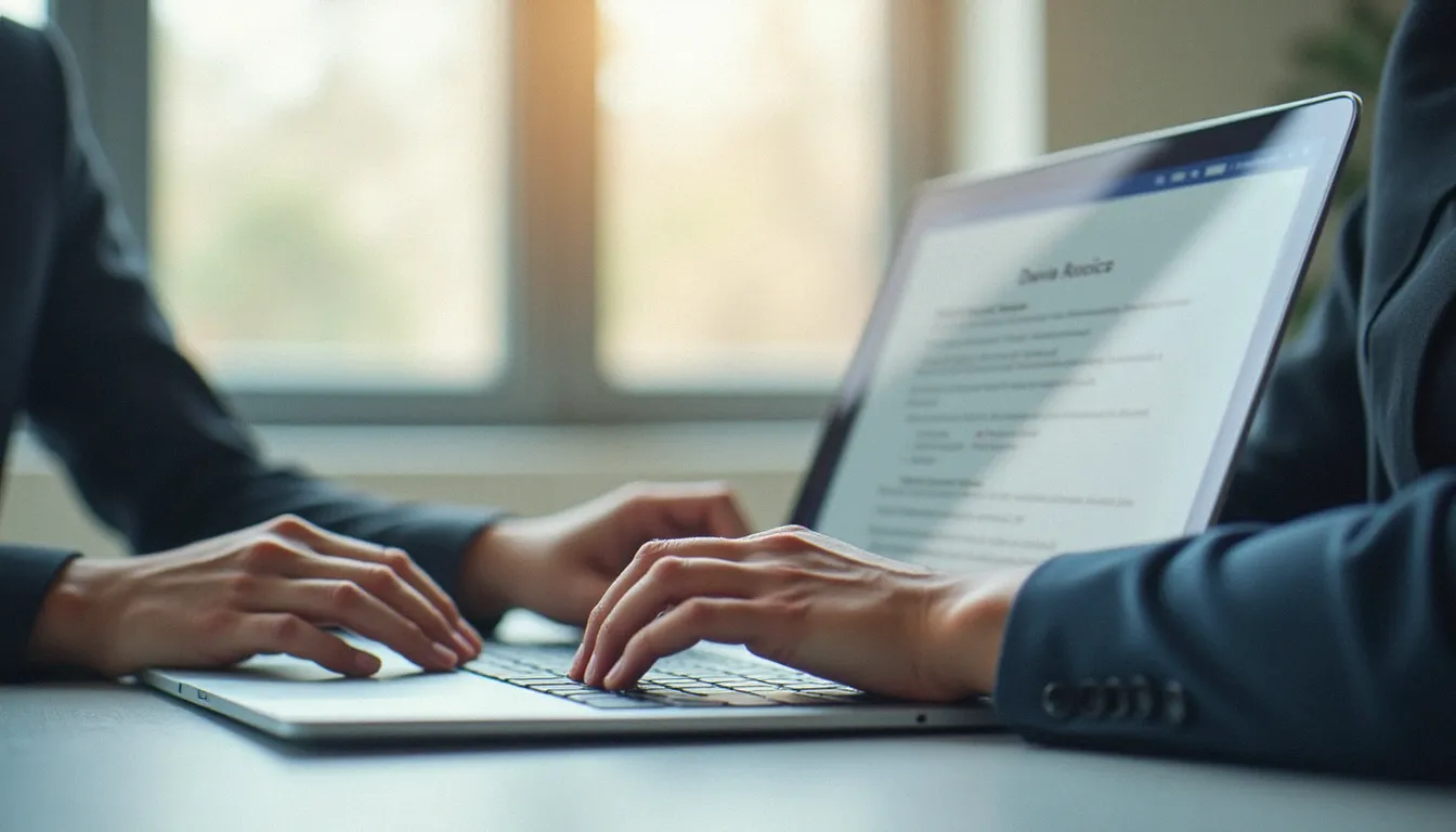 Mains tapant au clavier d'un ordinateur portable pour la rédaction de contenu web