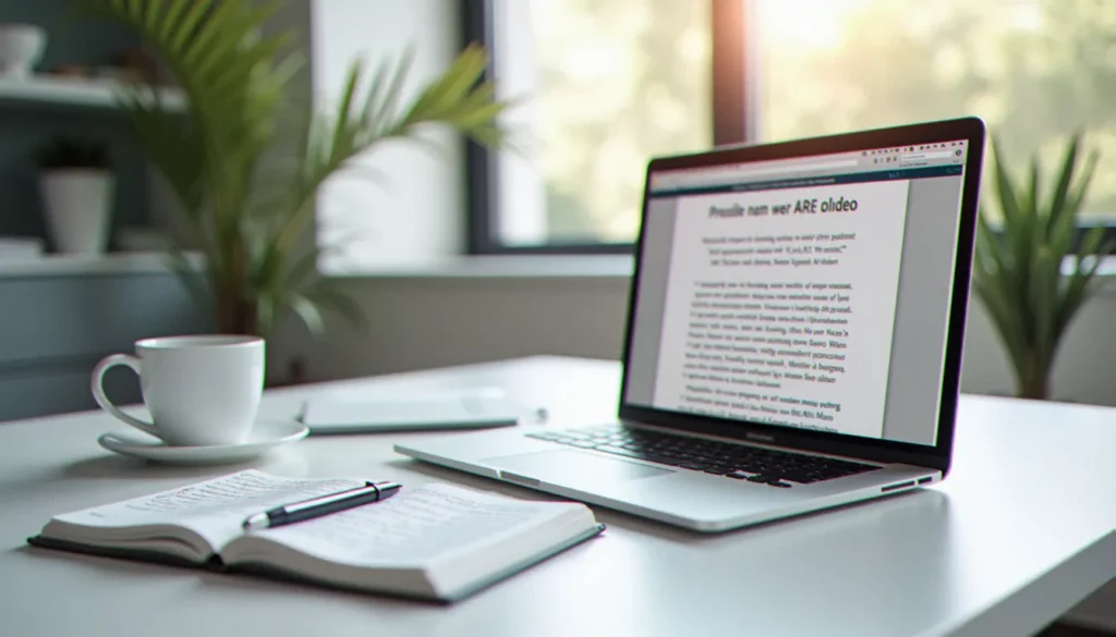 Bureau de travail avec ordinateur montrant un article web, illustrant le tarif rédaction web