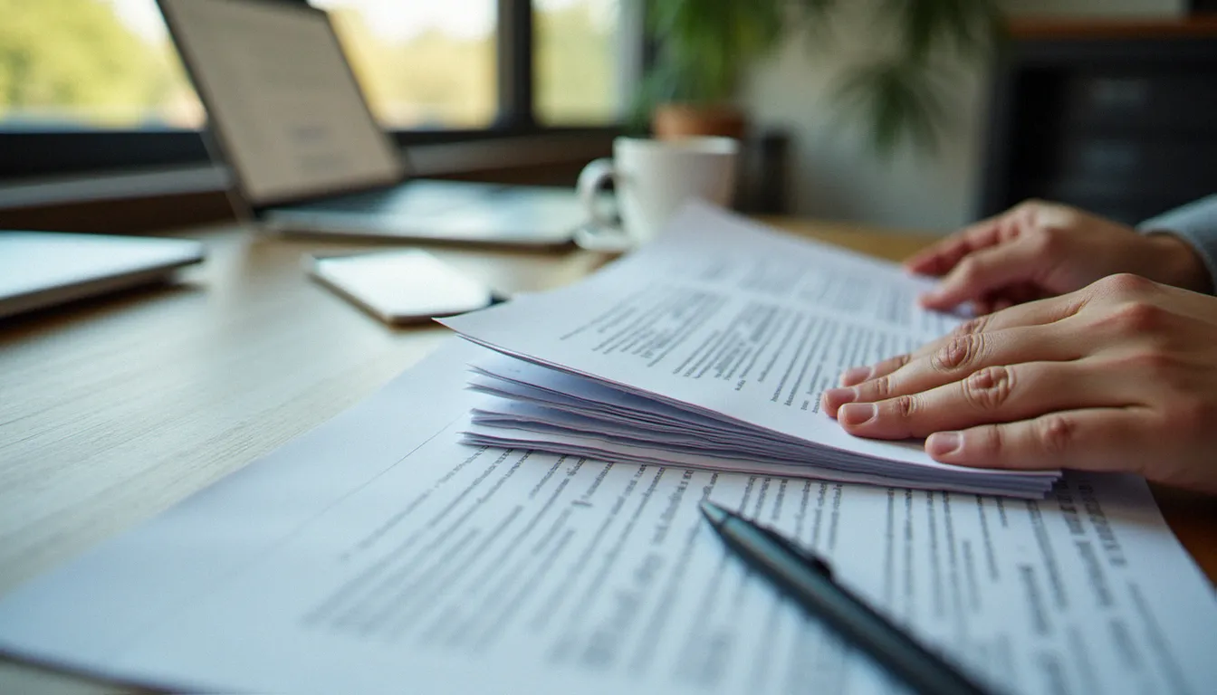 Mains triant des pages imprimées sur un bureau pour distinguer les liens de qualité des liens douteux