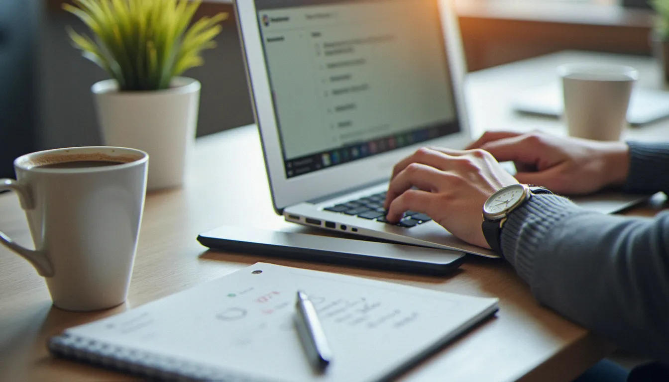 Dirigeant de TPE préparant la configuration de son site avec un ordinateur et une liste d'étapes sur un bureau