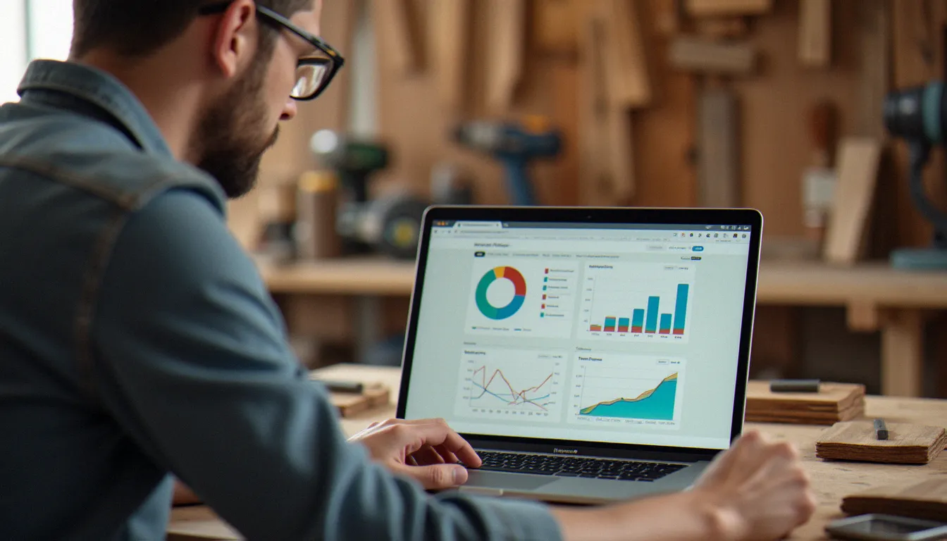 Artisan consultant les statistiques de son site sur un ordinateur portable pour suivre Bing Webmaster Tools dans son atelier