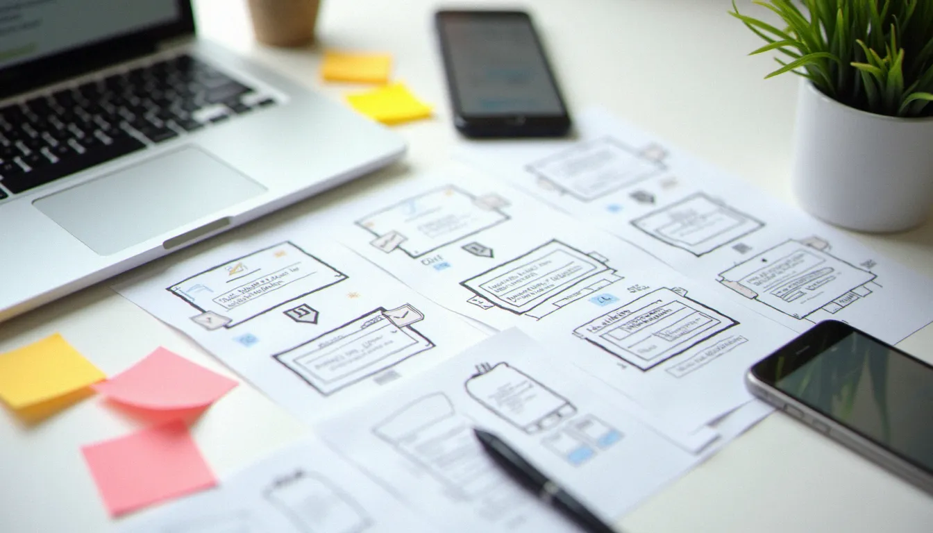 Maquettes de site, notes et smartphone disposés sur un bureau pour comparer les profils de prestataires web