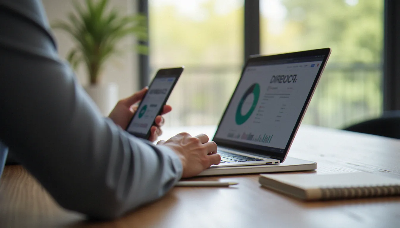 Dirigeant de TPE comparant plusieurs outils de création de site sur un ordinateur et une tablette