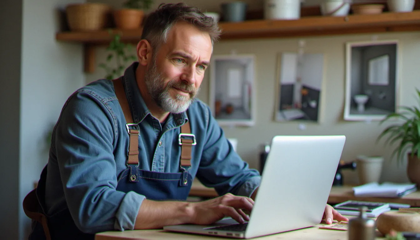 Un artisan plombier travaillant sur son ordinateur portable pour créer des sites web et présenter ses réalisations