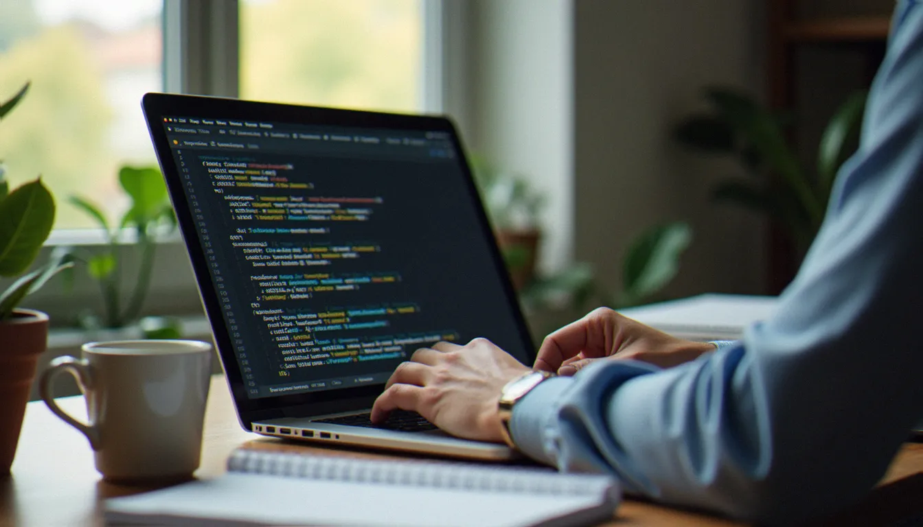 Dirigeant de TPE examinant sur son ordinateur un exemple de code HTML de site web