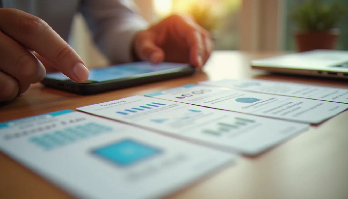 Cartes en papier disposées sur une table pour comparer les types de pages d'un site, à côté d'un smartphone