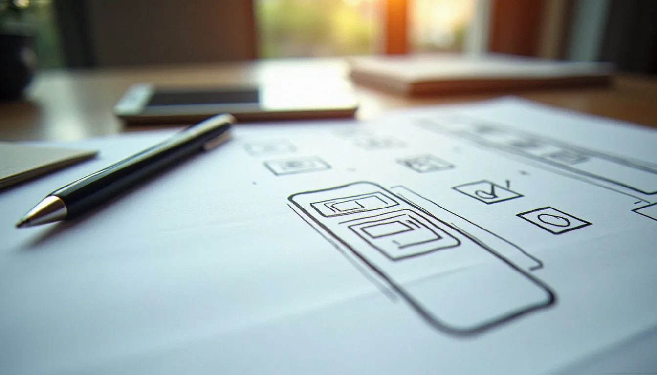 Croquis papier de la structure d'une page de site web posé à côté d'un smartphone