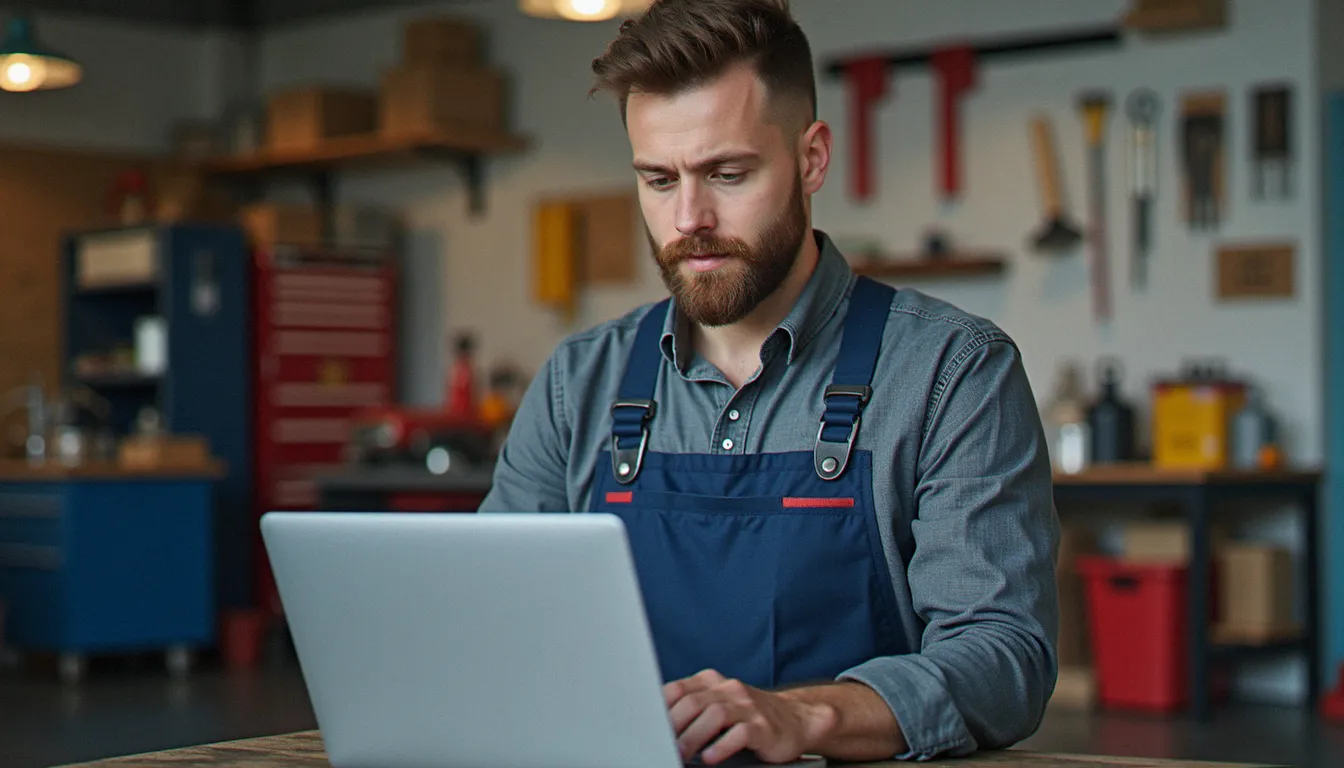 Un artisan plombier consulte la page de son site web sur un ordinateur portable dans son atelier