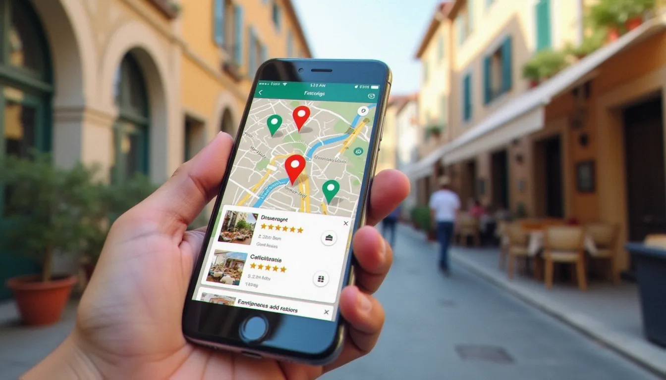 Un smartphone affichant une recherche locale avec fiche d'établissement et avis clients