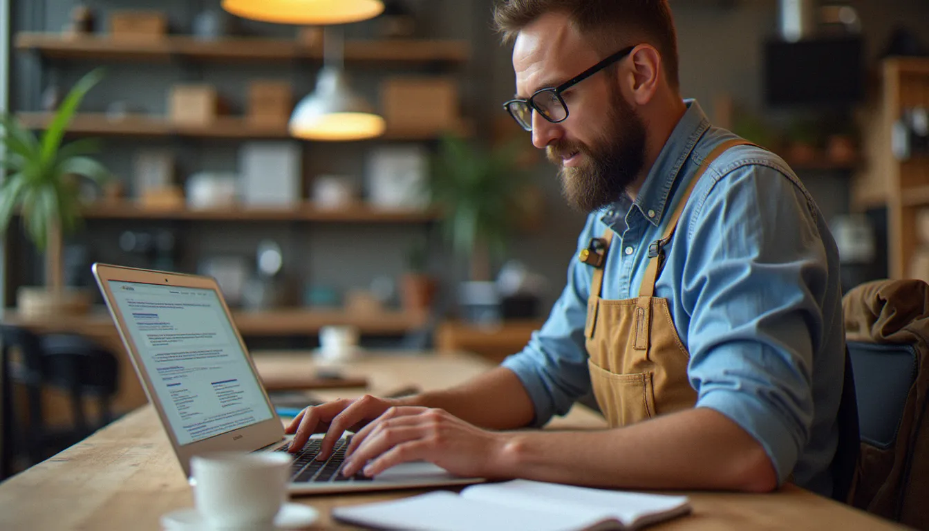 Un artisan consulte son positionnement SEO sur un ordinateur portable dans son atelier