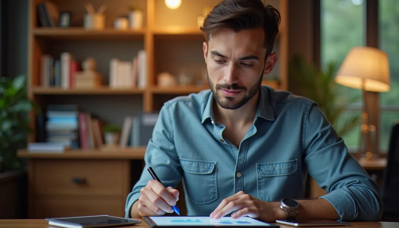 Dirigeant de petite entreprise analysant ses données de référencement sur une tablette