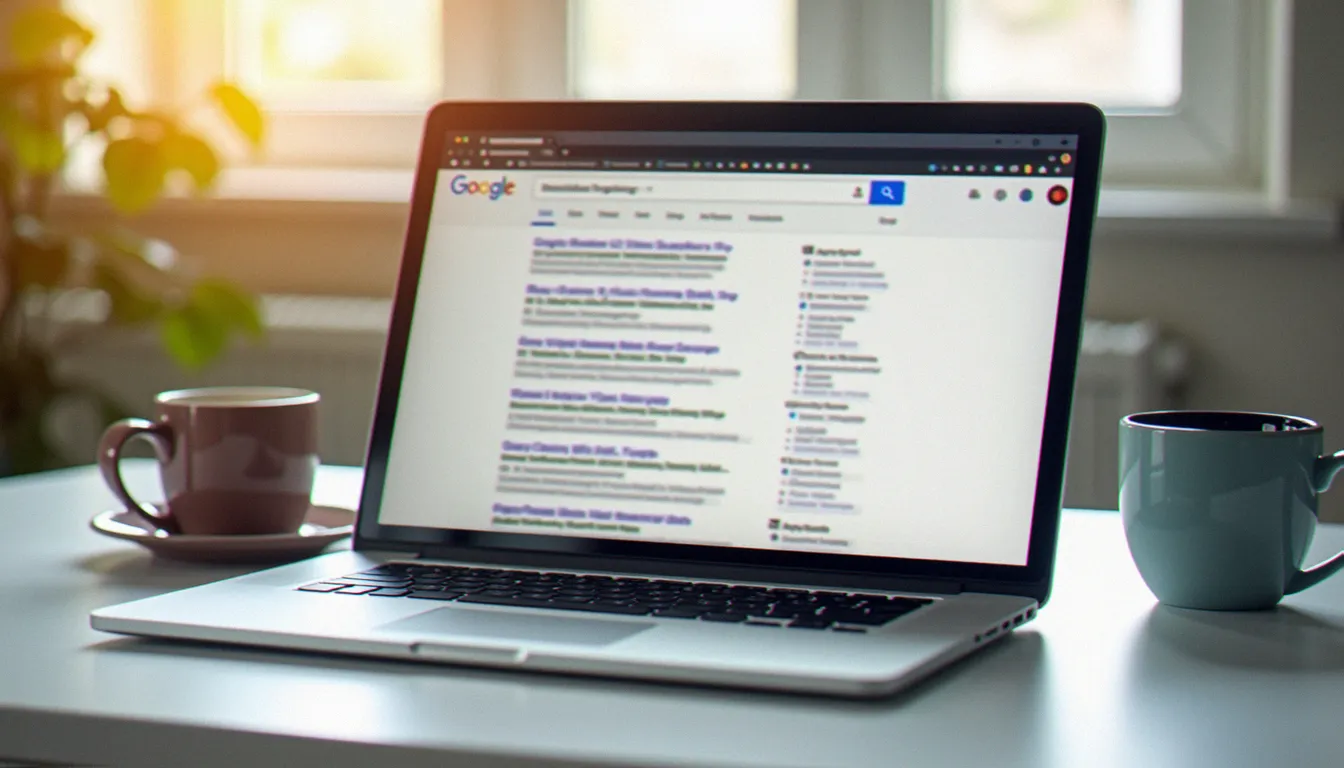Ordinateur portable affichant des résultats de recherche Google illustrant le concept de position dans les résultats