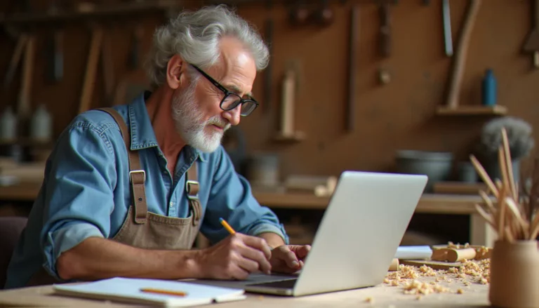 Un artisan menuisier rédige les textes de son site internet sur un ordinateur portable dans son atelier, illustrant la rédaction web