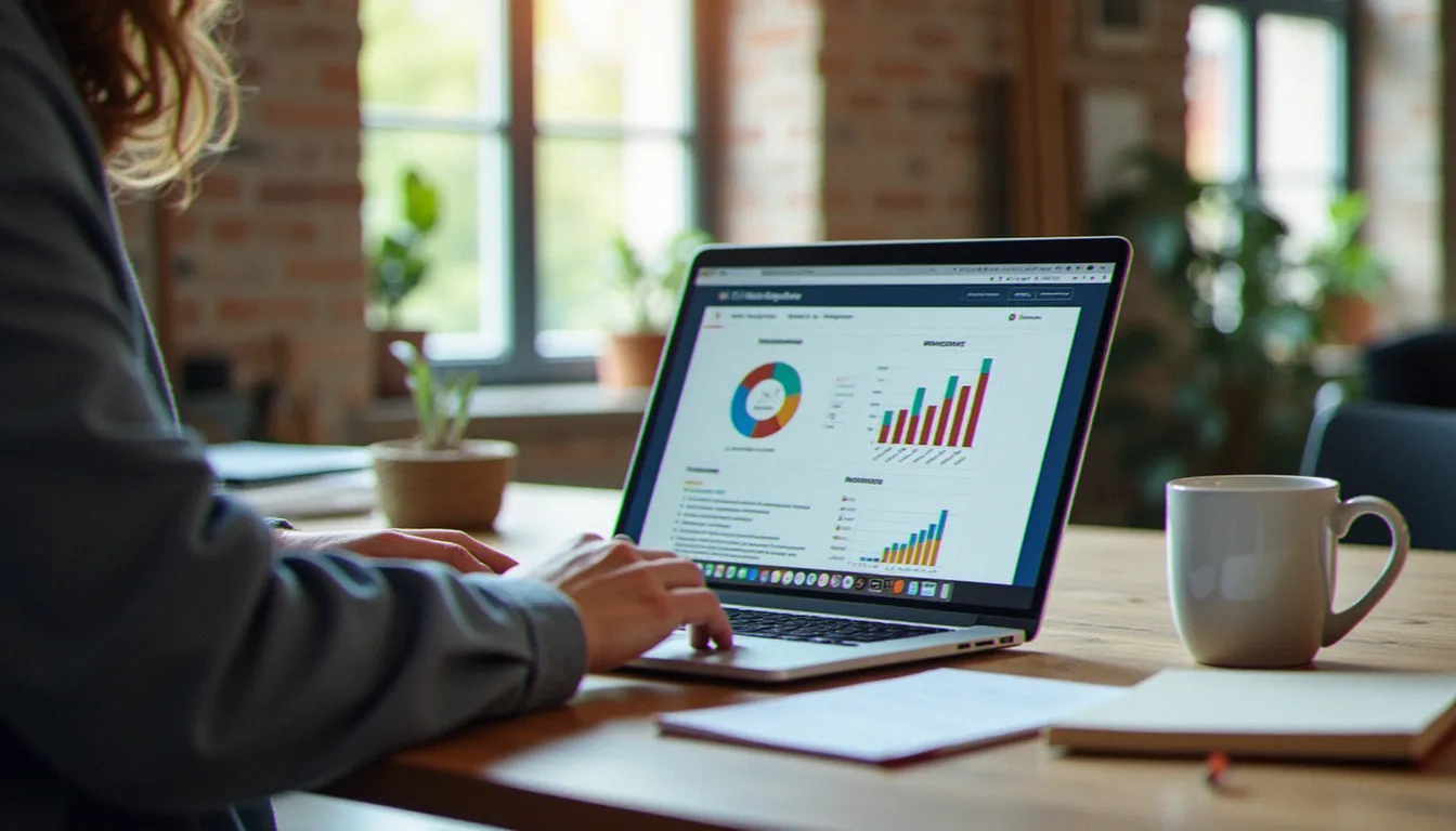 Dirigeant de TPE consultant le rapport d'un seo analyzer website sur son ordinateur portable dans son bureau