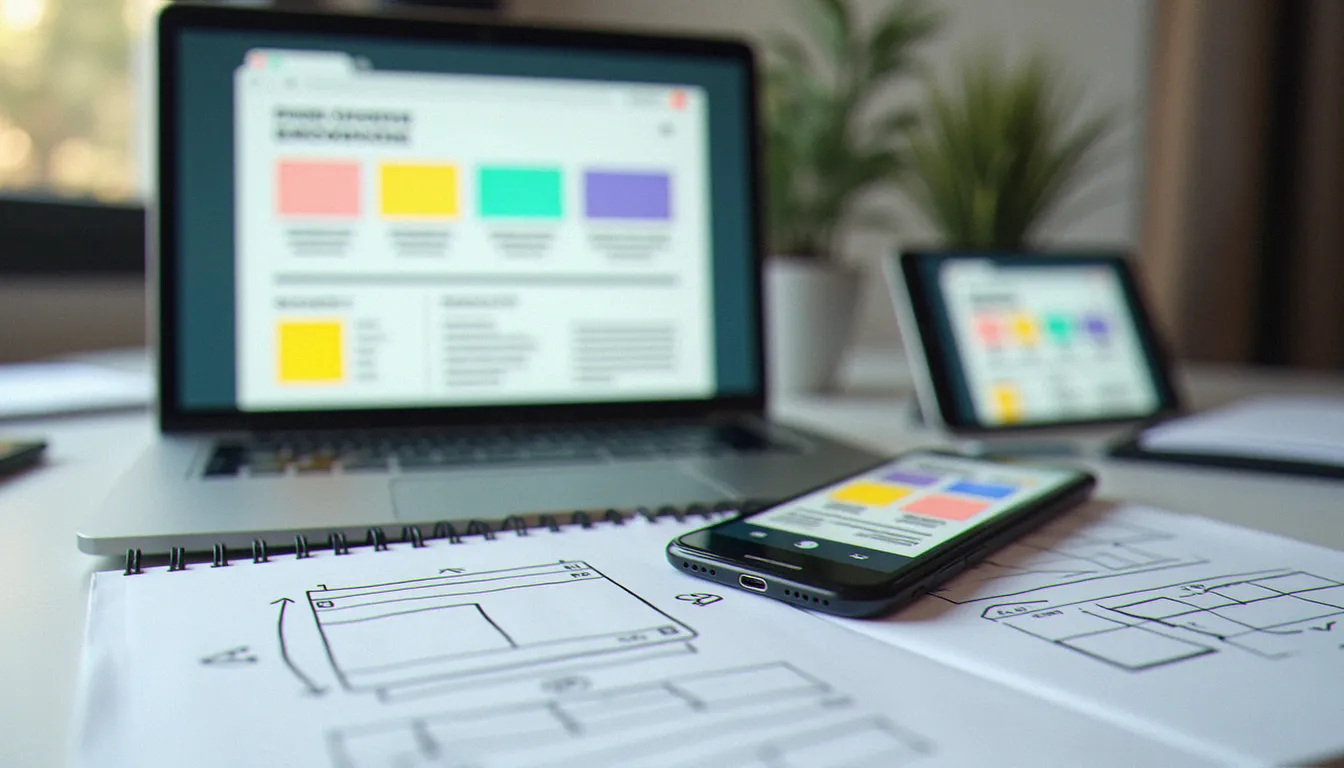 Un ordinateur portable et un smartphone affichant la même page de site, avec des croquis de maquette posés à côté
