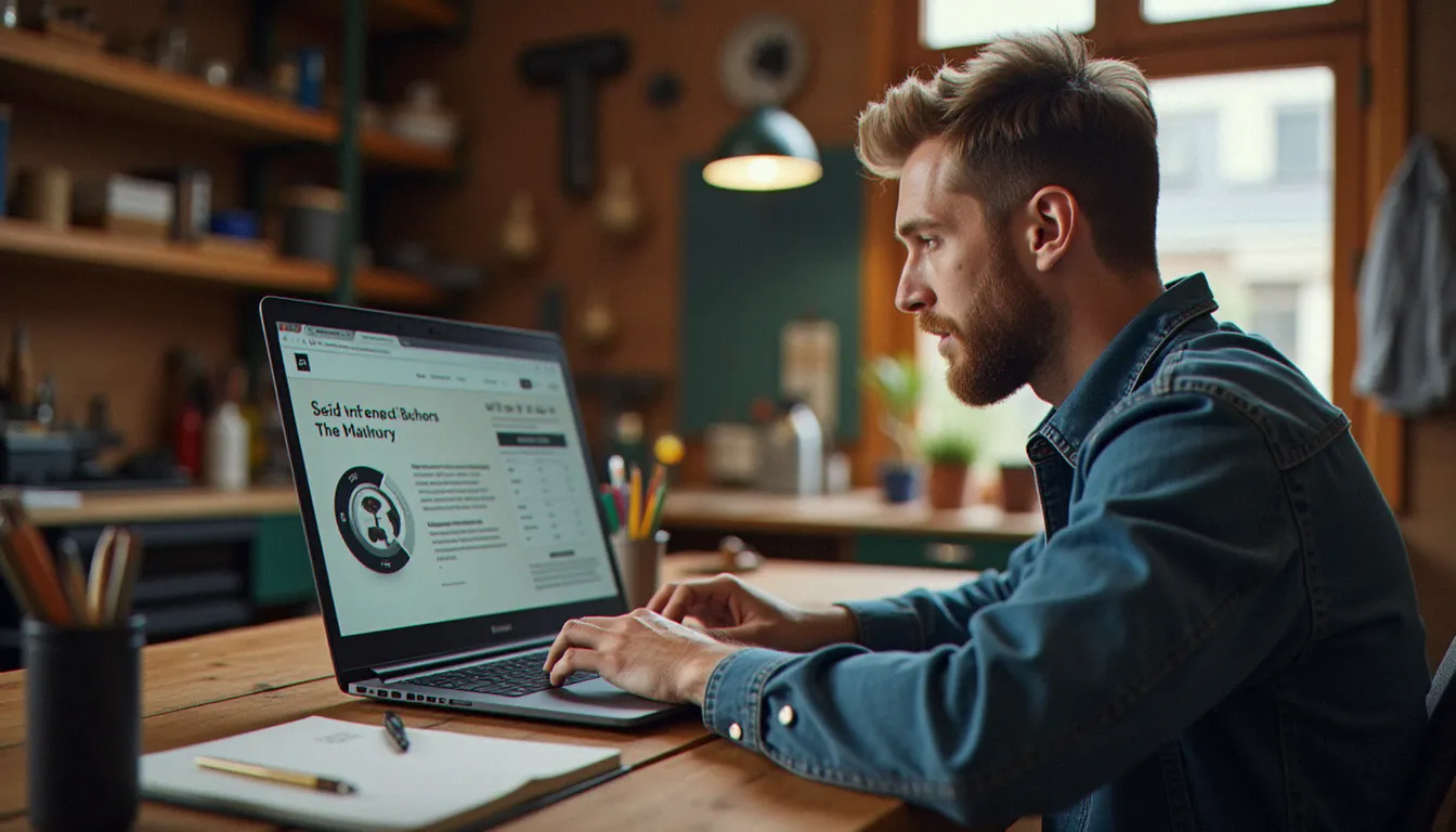 Artisan consultant sur un ordinateur portable le site de son entreprise pour lire un webador avis avant de choisir son outil