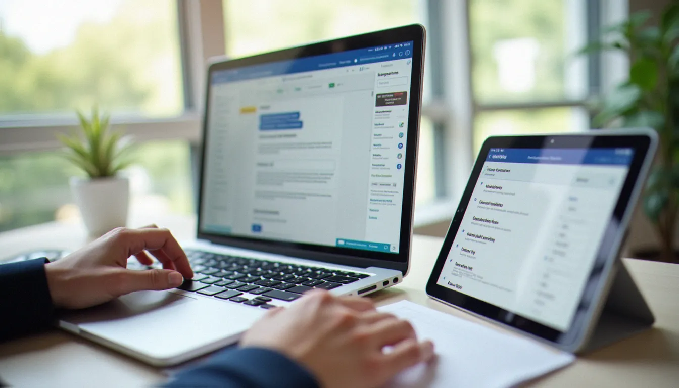 Mains devant un ordinateur portable et une tablette illustrant la gestion d'un site et de contacts clients