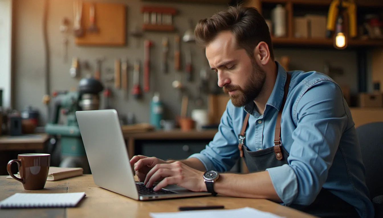 Artisan consultant son site website Odoo sur un ordinateur portable dans son atelier